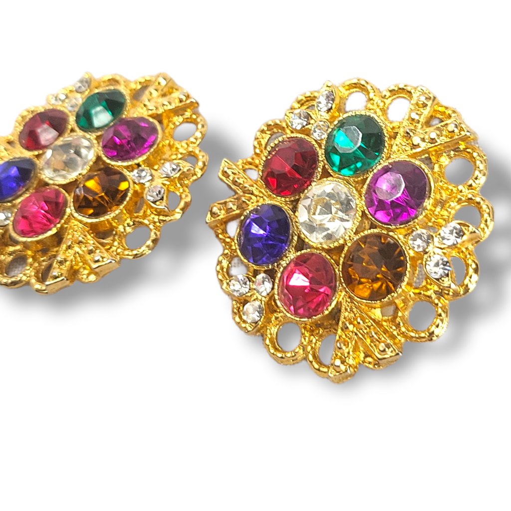 Earrings Gold Tone Filigree Sparkling Multicolor